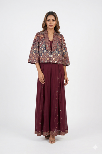 Wine Heritage Printed Jacket With Flowy Palazzo Indo-western Set