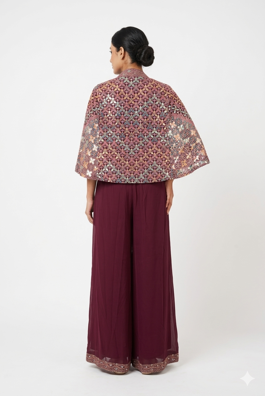 Wine Heritage Printed Jacket With Flowy Palazzo Indo-western Set