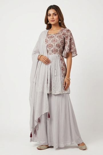 Grey Printed Kurta Sharara Set With Embellished Dupatta