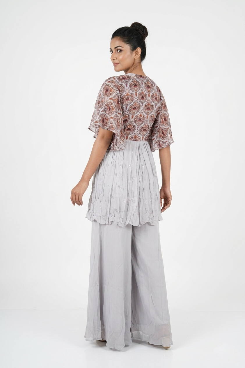 Grey Printed Kurta Sharara Set With Embellished Dupatta