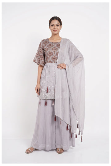 Misty Lilac Paisley Printed Kurta Sharara Set With Dupatta