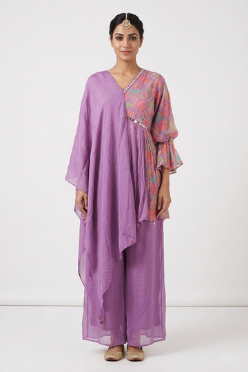 Lavender Asymmetric Kurta Palazzo Set With Printed Dupatta