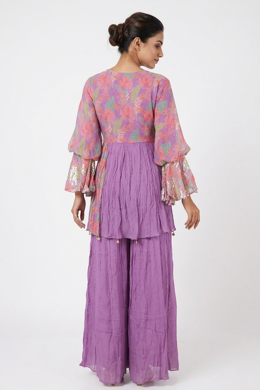 Lavender Asymmetric Kurta Palazzo Set With Printed Dupatta