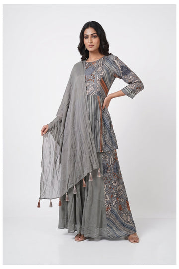 Grey Printed Peplum Top Palazzo Set With Dupatta