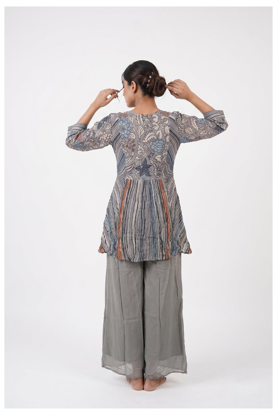 Grey Printed Peplum Top Palazzo Set With Dupatta