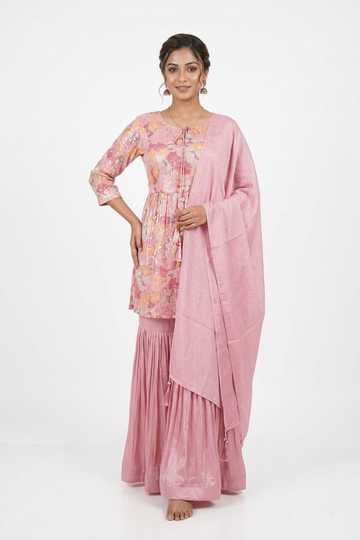 Pink Floral Printed Kurta With Sharara & Dupatta Set