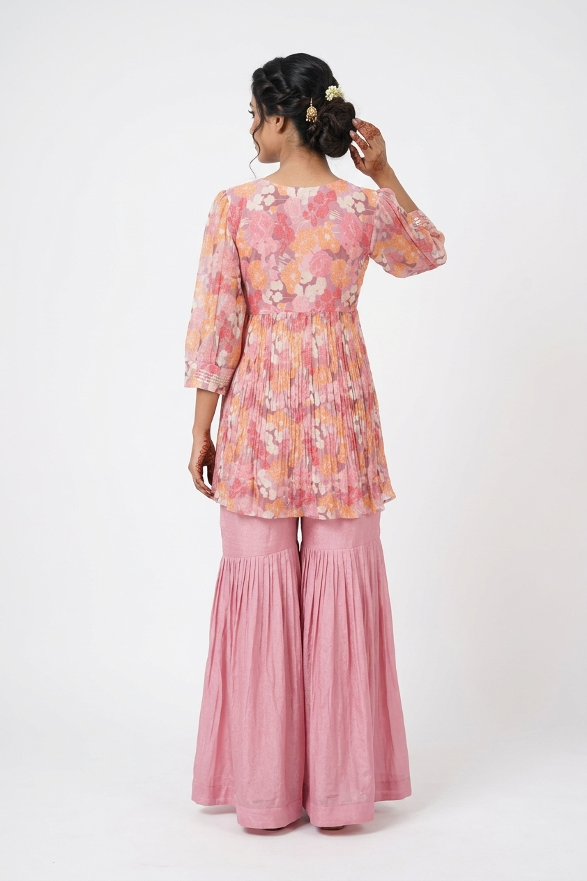 Pink Floral Printed Kurta With Sharara & Dupatta Set