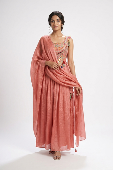 Peach Embroidered Kurta Palazzo Set With Dupatta