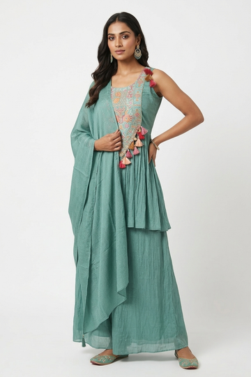Cadet Blue Embroidered Kurta Palazzo Set With Tassel Dupatta