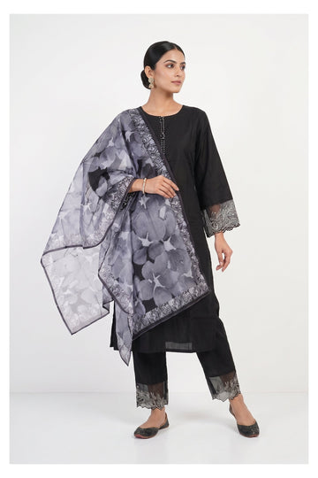 Black Floral Printed Kurta Pant Set With Organza Dupatta