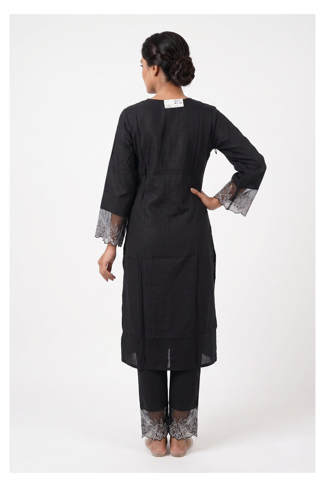 Black Floral Printed Kurta Pant Set With Organza Dupatta
