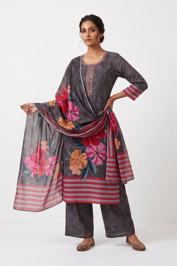 Charcoal Floral Designer Kurta Palazzo Set With Printed Dupatta