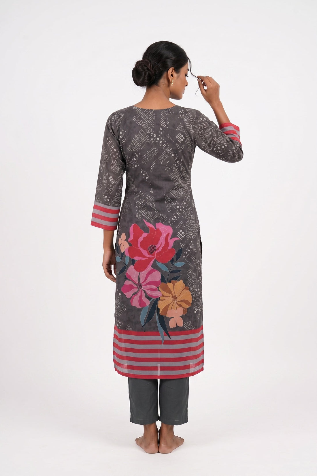 Charcoal Floral Designer Kurta Palazzo Set With Printed Dupatta