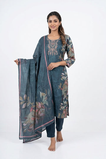 Teal Blue Floral Printed Kurta Pant Set With Elegant Dupatta