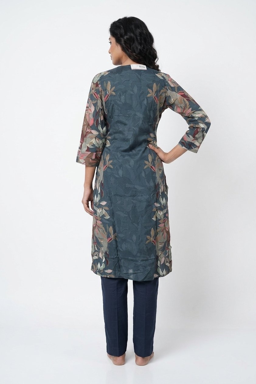 Teal Blue Floral Printed Kurta Pant Set With Elegant Dupatta