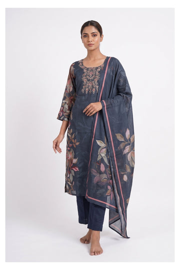 Steel Blue Floral Printed Kurta Pant Set With Dupatta