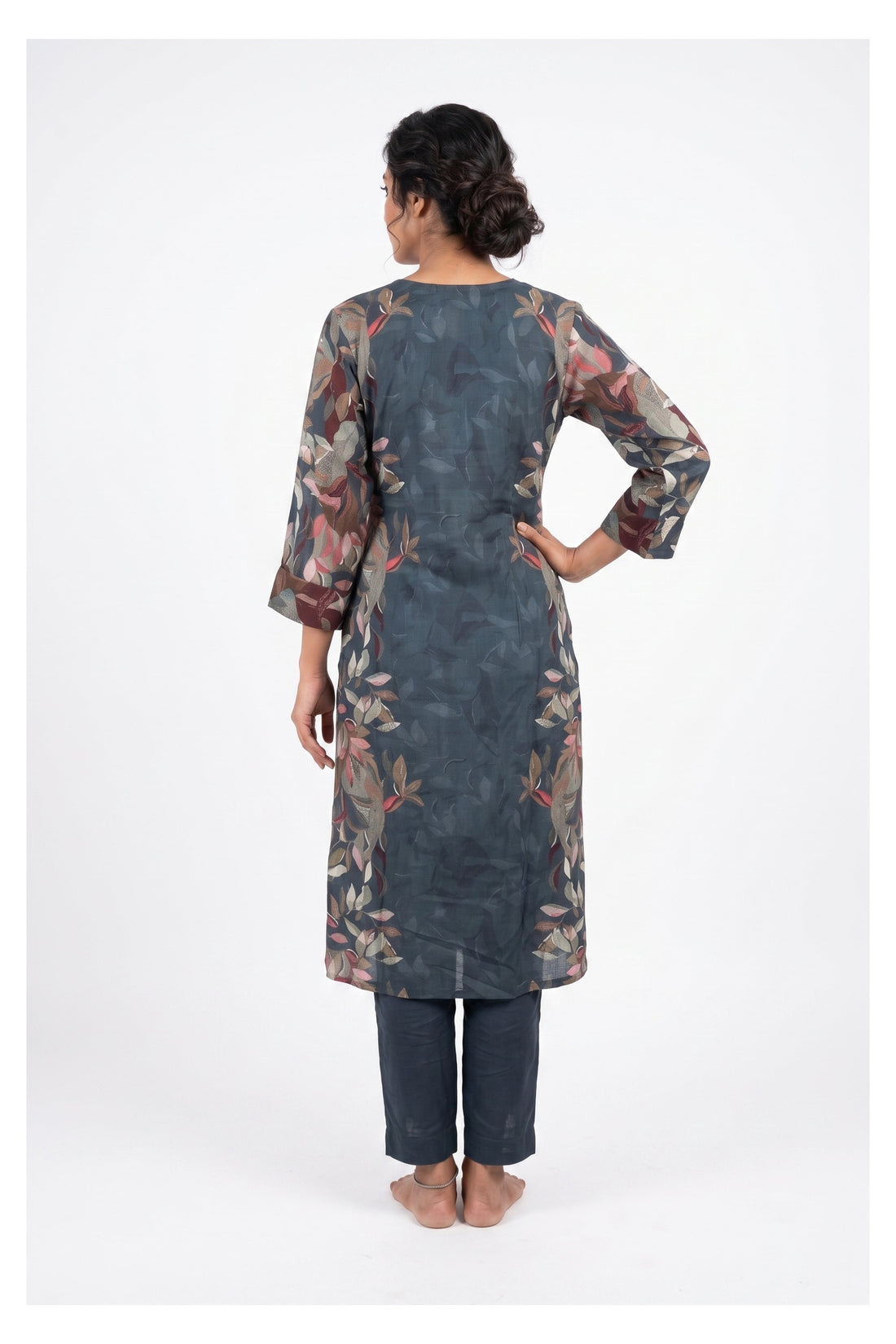 Steel Blue Floral Printed Kurta Pant Set With Dupatta