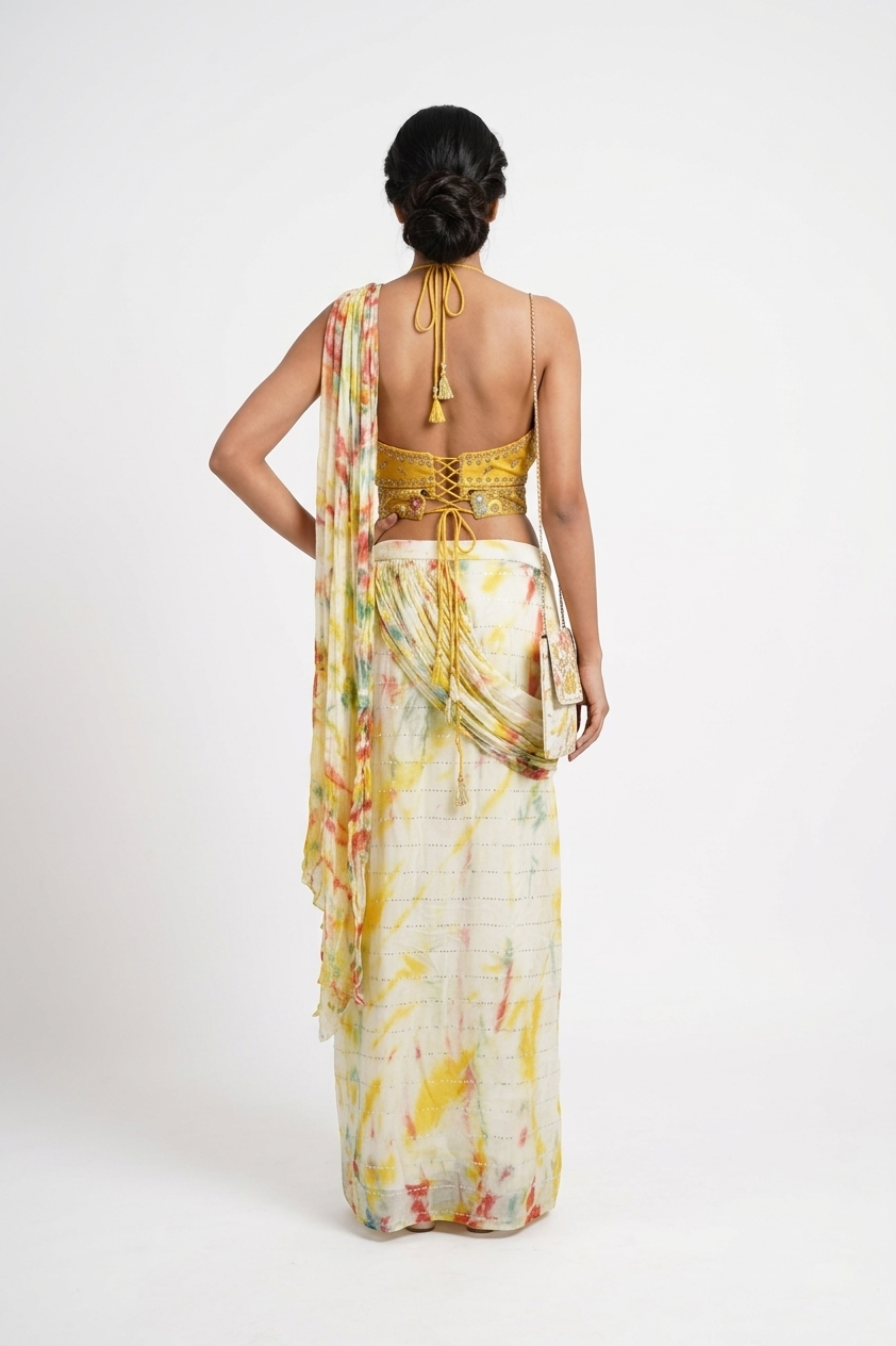 Sunshine Tie-Dye Draped Saree Set With Embroidered Crop Top & Belt