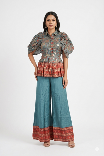 Dark Deep Steel Blue Printed Peplum Top With Wide-leg Palazzo Set