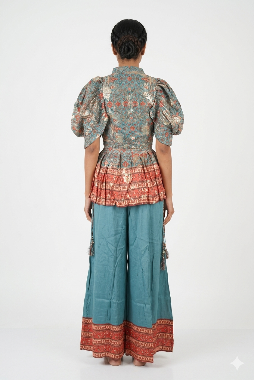 Dark Deep Steel Blue Printed Peplum Top With Wide-leg Palazzo Set