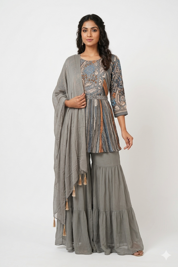 Grey Printed Kurta With Tiered Sharara & Tassel Dupatta Set