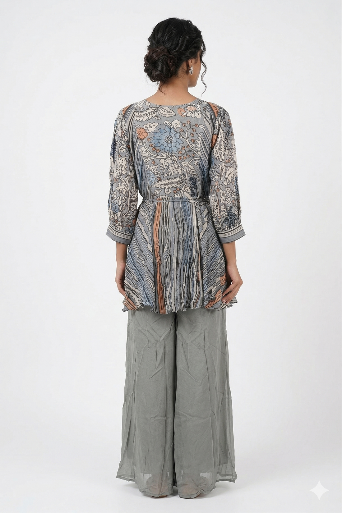Grey Printed Kurta With Tiered Sharara & Tassel Dupatta Set