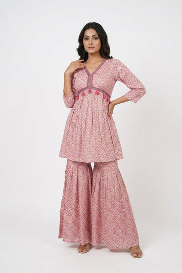 Blush Pink Printed Peplum Kurti With Sharara Set