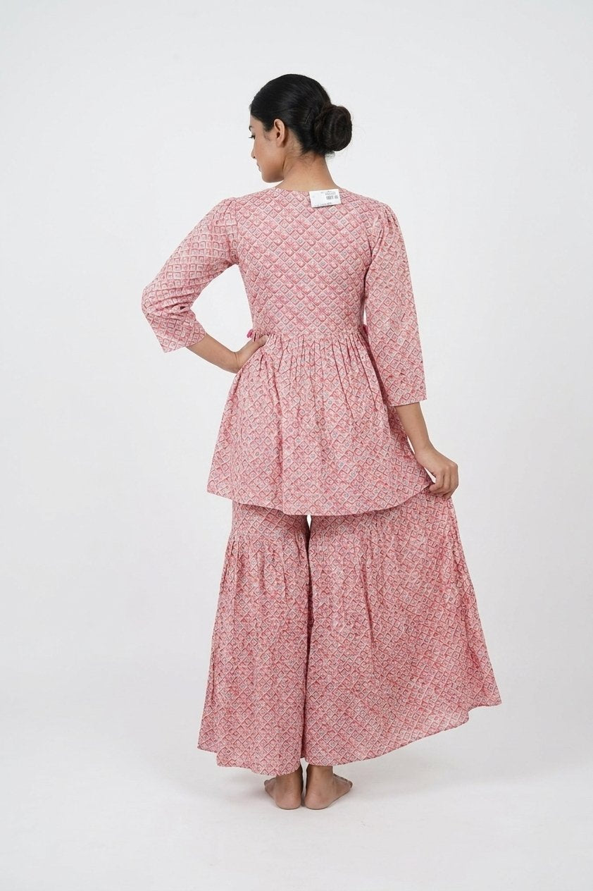 Blush Pink Printed Peplum Kurti With Sharara Set