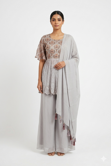 Grey Printed Peplum Kurta With Palazzo & Tassel Dupatta Set