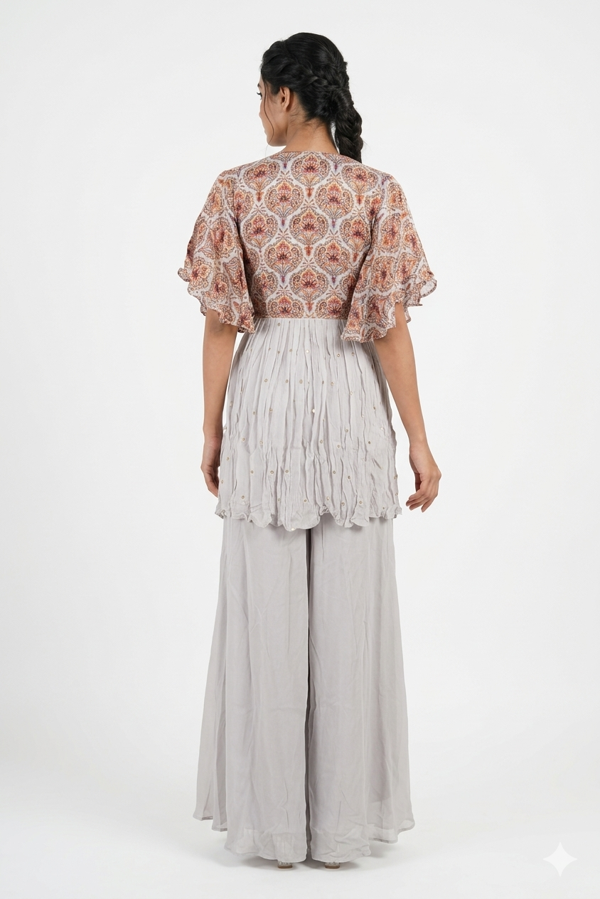 Grey Printed Peplum Kurta With Palazzo & Tassel Dupatta Set