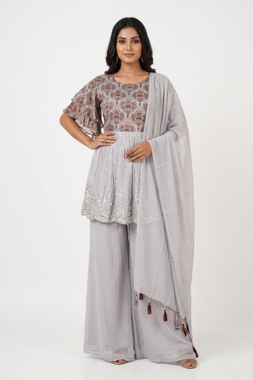 Elegant Grey Printed Peplum Palazzo Set With Dupatta