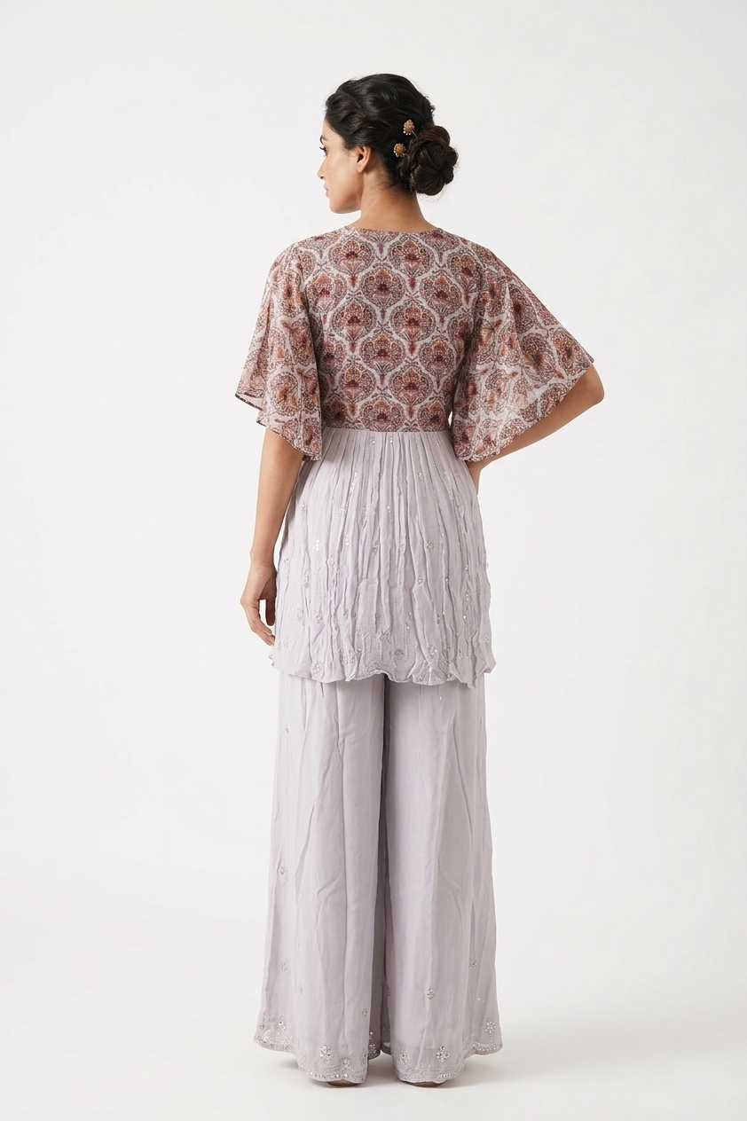 Elegant Grey Printed Peplum Palazzo Set With Dupatta