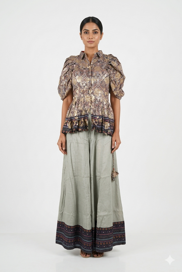 Vintage Floral Printed Peplum Top With Sage Green Palazzo Set