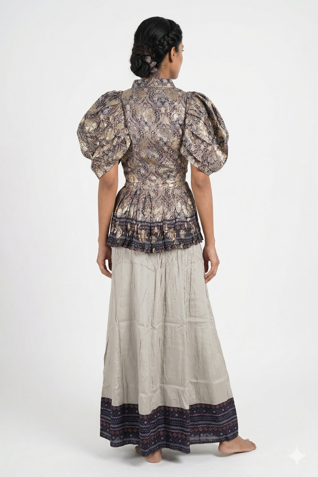 Vintage Floral Printed Peplum Top With Sage Green Palazzo Set