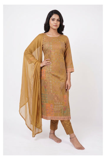Mustard Ethnic Printed Kurta Pant Set With Chiffon Dupatta