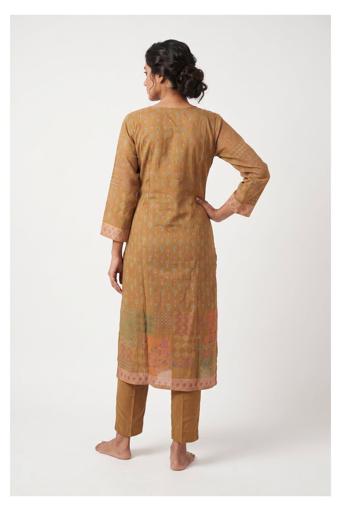 Mustard Ethnic Printed Kurta Pant Set With Chiffon Dupatta