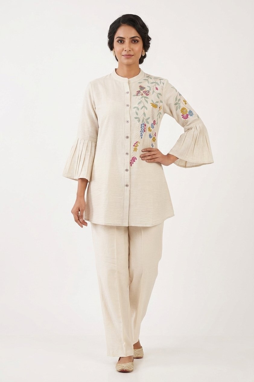 Elegant White Embroidered Co-Ord Kurta Pant Set