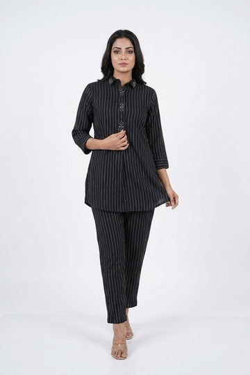 Black Pinstripe Co-Ord Set With Embellished Collar