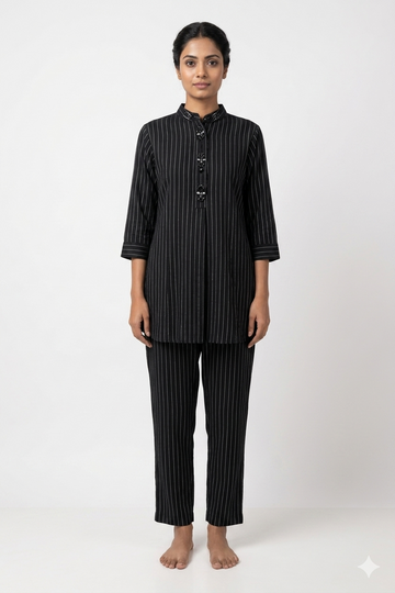 Black Pinstripe Mandarin Collar Co-Ord Set