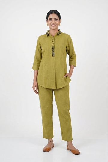 Olive Green Embroidered Collar Co-Ord Set