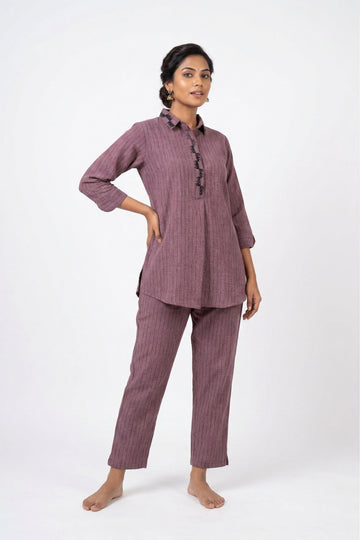 Mauve Striped Embroidered Co-Ord Set