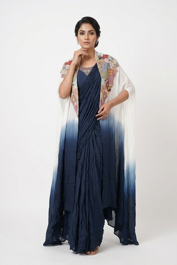 Navy Blue Draped Saree Set With Embroidered Blouse & Organza Cape Dupatta