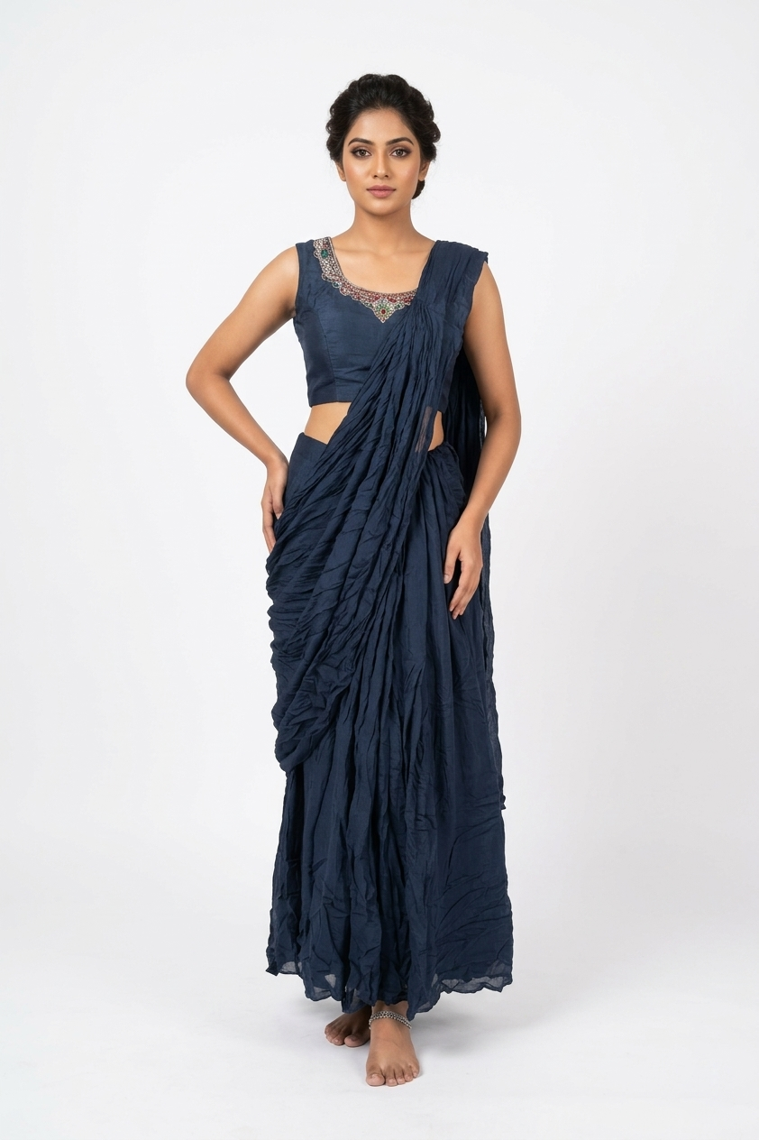 Navy Blue Draped Saree Set With Embroidered Blouse & Organza Cape Dupatta