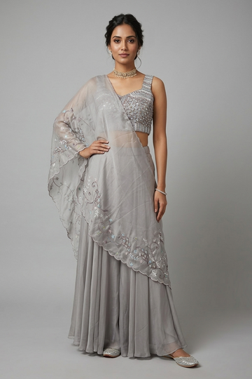 Grey Embroidered Blouse With Palazzo & Organza Dupatta Set