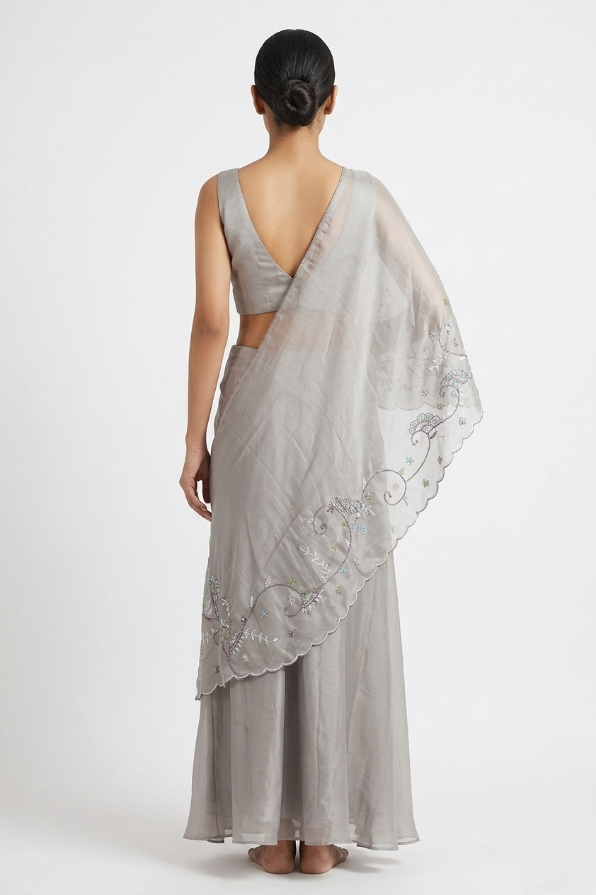 Grey Embroidered Blouse With Palazzo & Organza Dupatta Set