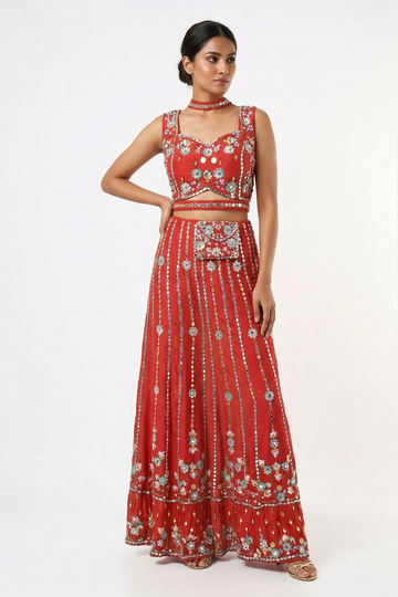 Red Indo-Western Skirt Set