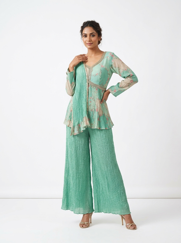 Mint Green Floral Pleated Co-Ord Set With Designer Top & Palazzo