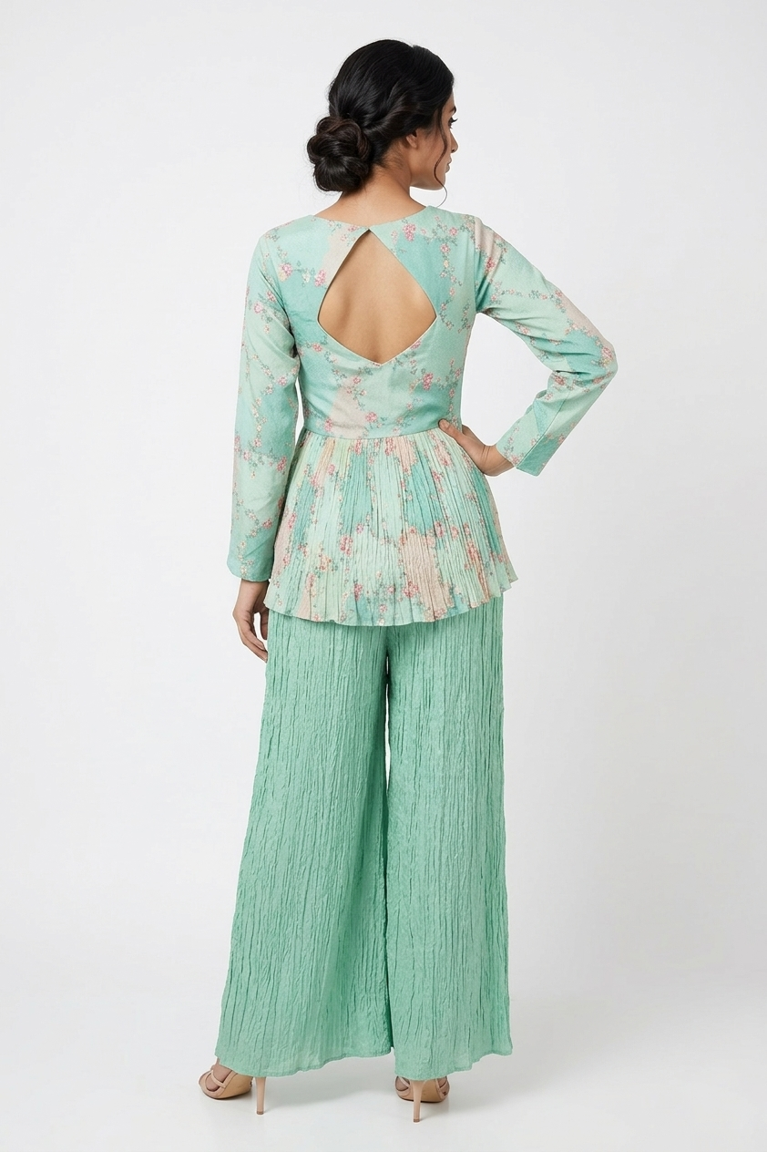 Mint Green Floral Pleated Co-Ord Set With Designer Top & Palazzo