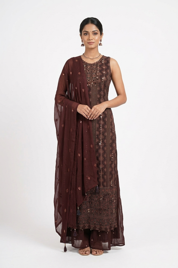 Wine Embroidered Kurta Set With Dupatta