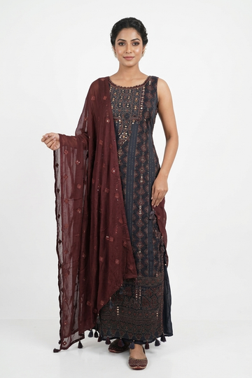 Steel Blue Embroidered Kurta Set With Maroon Dupatta
